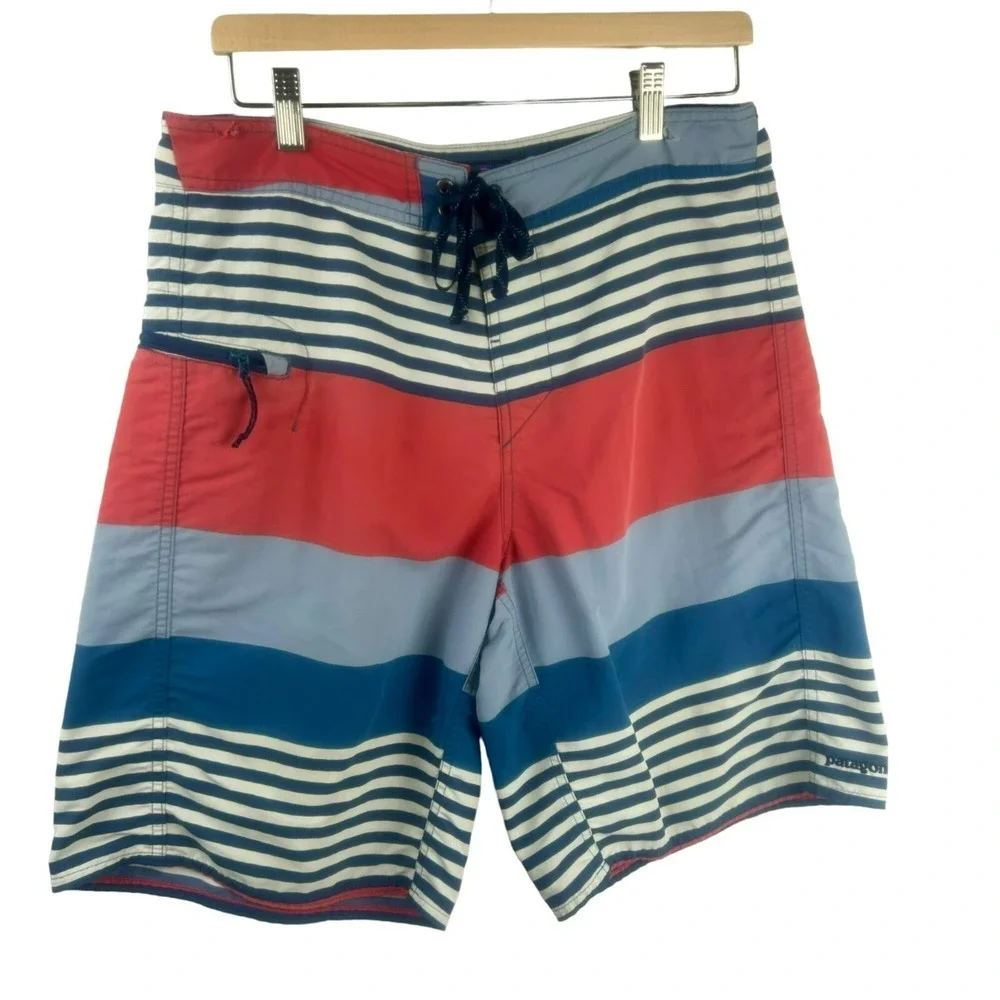 Patagonia Swim Trunks Board Shorts Men 32‎ Blue Coral Stripe Cargo Pocket Beach